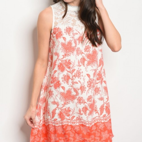 Soieblu Dresses & Skirts - Soiblue Lace Cream Coral Floral Babydoll Dress
